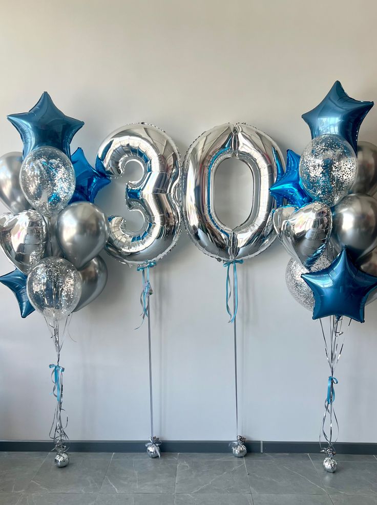 Σύνθεση Μπαλονιών Ασημί & Μπλε Αστερια Foil