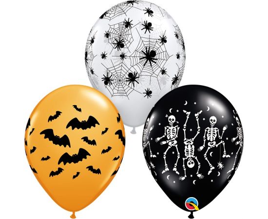 Μπαλόνια Λάτεξ 11" Spooky Assortment-Σκελετός-Ιστός αράχνης-Νυχτερίδα(3 τεμάχια) Φουσκωμένα Με Ήλιο