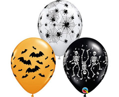 Μπαλόνια Λάτεξ 11" Spooky Assortment-Σκελετός-Ιστός αράχνης-Νυχτερίδα(3 τεμάχια) Φουσκωμένα Με Ήλιο