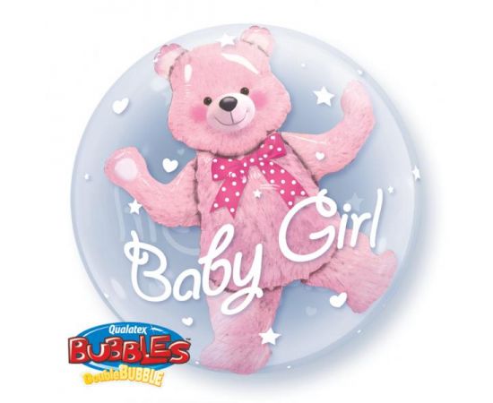 Μπαλόνι Bubble Διπλό Baby Pink Bear Φουσκωμένο Με Ήλιο